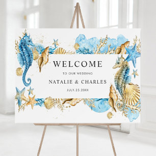 Poster Sous l'Affiche de bienvenue Mariage Sea Blue Gold