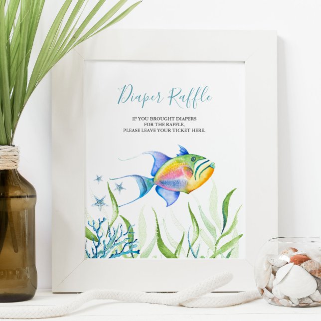 Poster Sous le panneau du Baby shower de  de calamars de  (fun baby shower games diaper raffle sign features tropical fish art by Victoria Grigaliunas)