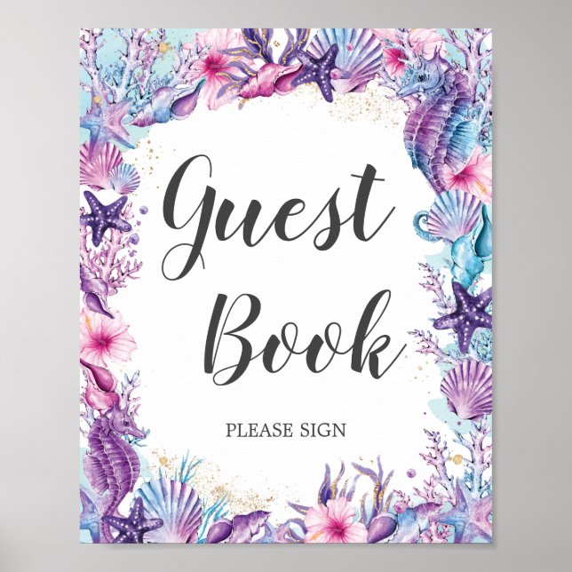 Poster Sous les coraux de mer Coquilles violet rose livre (Devant)