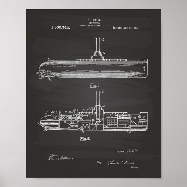 Poster Sous-marin 1919 Brevet Art Chalkboard (Devant)