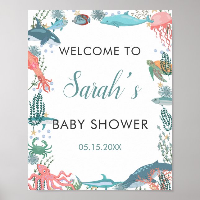 Poster Sous Mer Cute Baby shower Océan Bienvenue RSVP (Devant)