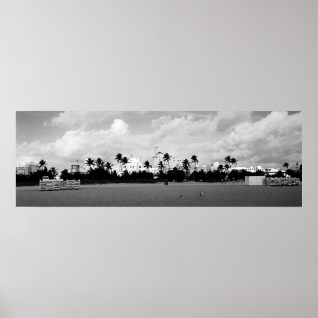 Poster South Beach Miami, Floride Panorama noir/blanc (Devant)
