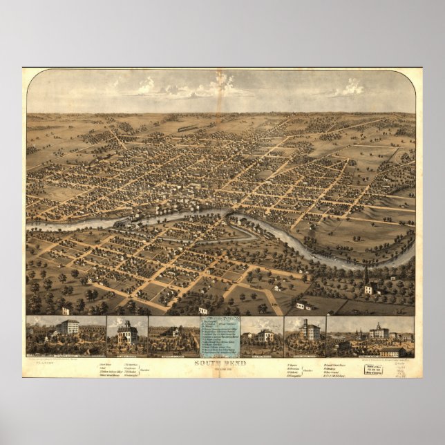 Poster South Bend Indiana 1866 Antique carte panoramique (Devant)