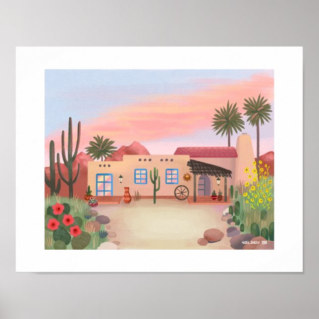 Poster Southwest Desert Cactus Adobe House Art Print (Devant)