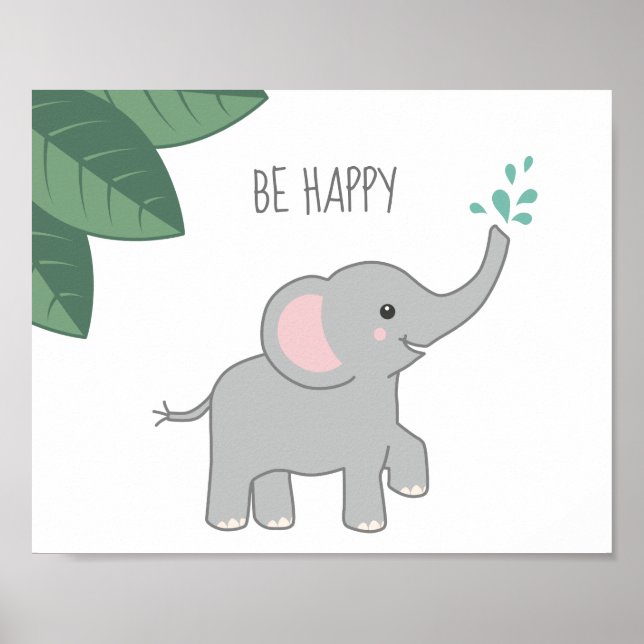 Poster Soyez heureux Baby shower bébé éléphant ou pépiniè (Devant)