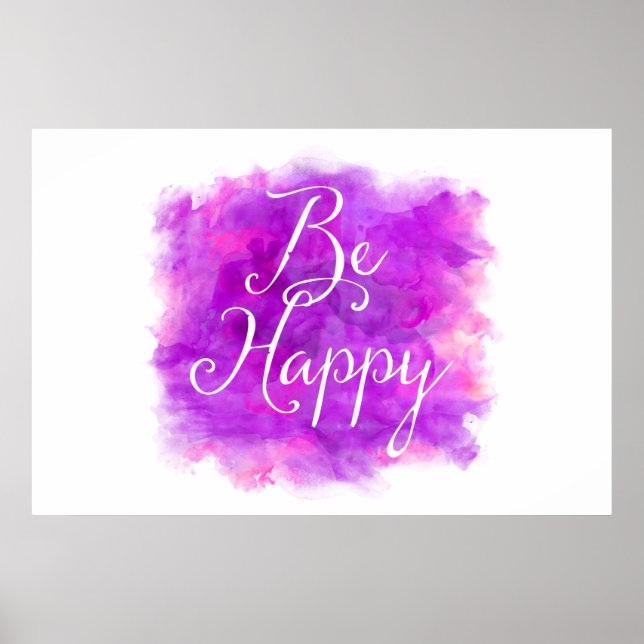Poster Soyez heureux Citation d'aquarelle violette et ros (Devant)