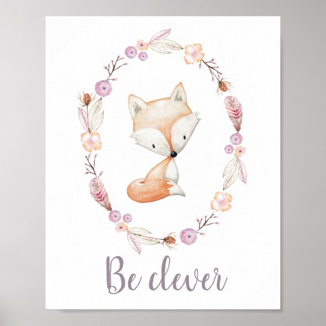 Poster Soyez malin Baby Fox Boho Wreath Woodland Nursery (Devant)