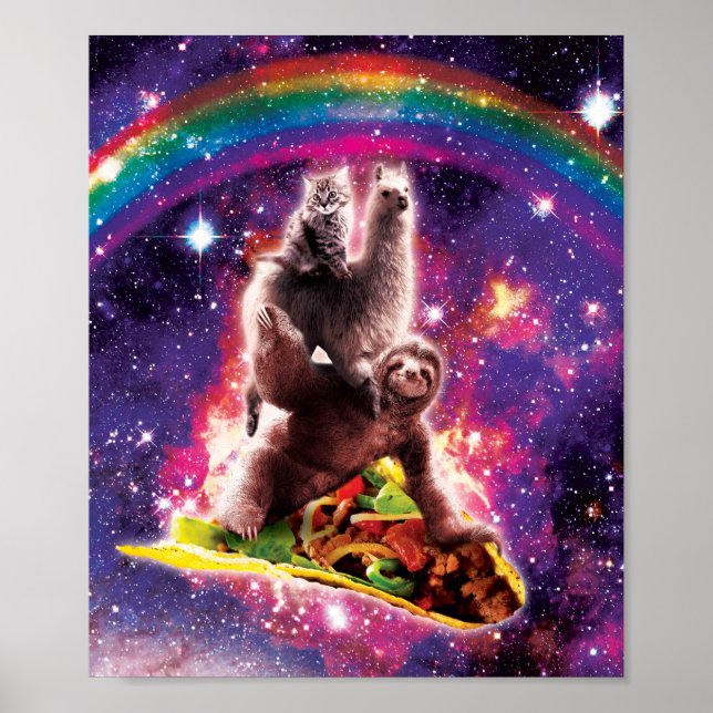 Poster Space Cat Llama Sloth Riding Taco (Devant)