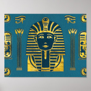 Poster Sphinx d'or avec hiéroglyphes égyptiens sur bleu