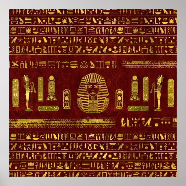 Poster Sphinx égyptien doré sur cuir rouge (Devant)