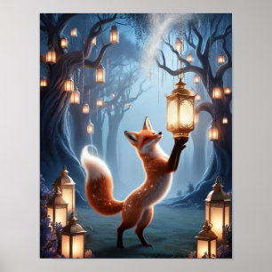 Poster Spirit Fox Lantern Mur Art - Forêt mystique