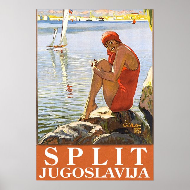 Poster Split, Yougoslavie, fille sur le rocher au bord de (Devant)