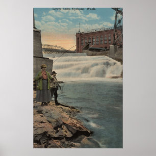Poster Spokane, WA - Pêche en couple à Lower Falls