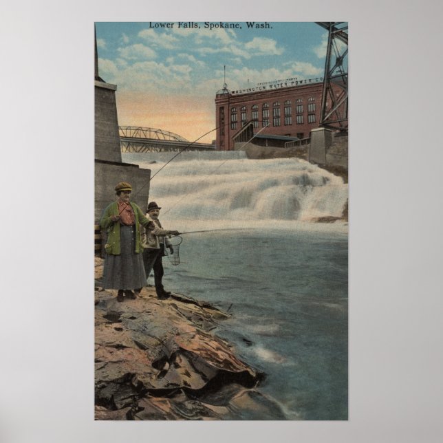 Poster Spokane, WA - Pêche en couple à Lower Falls (Devant)