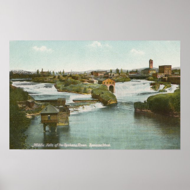 Poster Spokane, WA - Vue de Middle Falls & River (Devant)