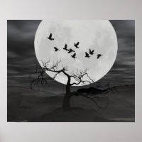 Spooky Ravens Flying Against the Full Moon