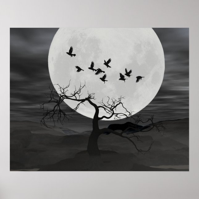 Poster Spooky Ravens Flying Against the Full Moon (Devant)