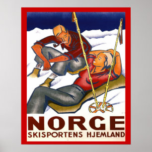 Poster Sports d'hiver vintages, Norvège, sport de ski de
