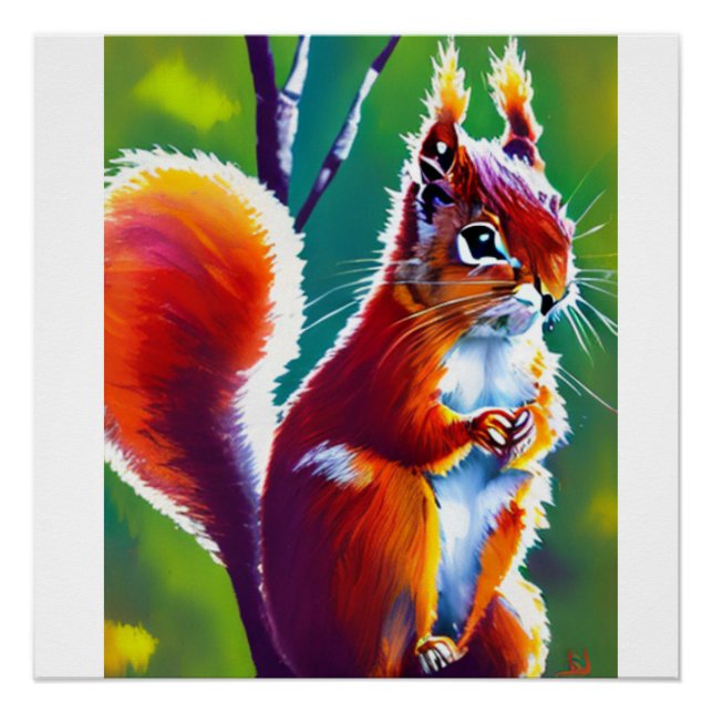 Poster Sqirrel Rouge assis sur la Branche dans une forêt (Devant)
