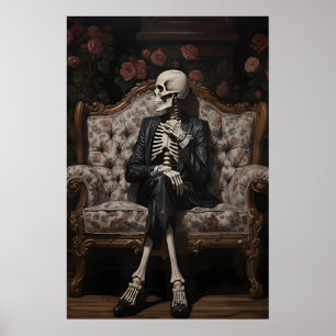 Poster Squelette assis sur un canapé imprimé, floral vict