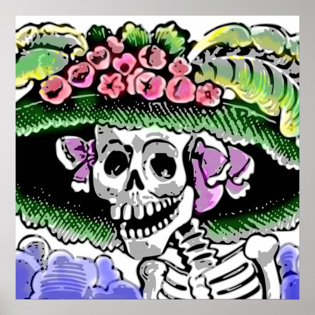 Poster Squelette avec casquette drôle avec fleur (Devant)