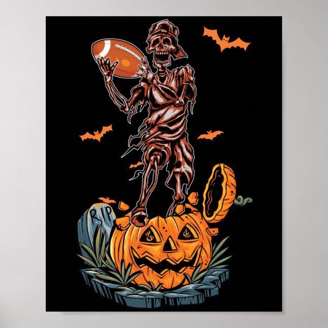 Poster Squelette de football américain Halloween Citrouil (Devant)