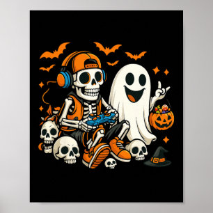 Poster Squelette de Halloween joueur de jeu vidéo fantôme