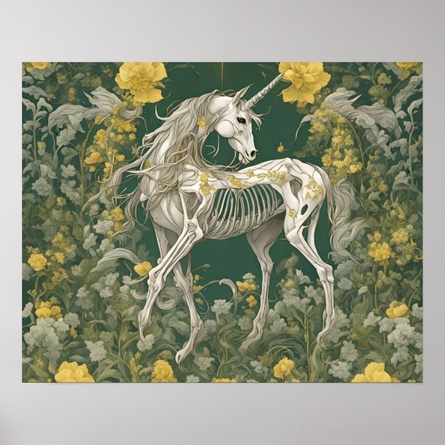 Poster Squelette de licorne dans les fleurs jaunes (Devant)