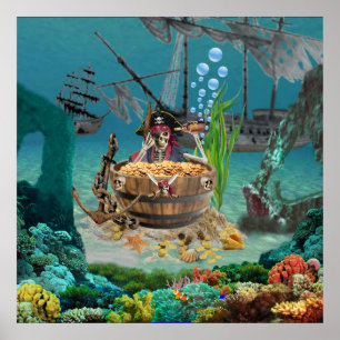 POSTER SQUELETTE DE PIRATE DANS UN TONNEAU