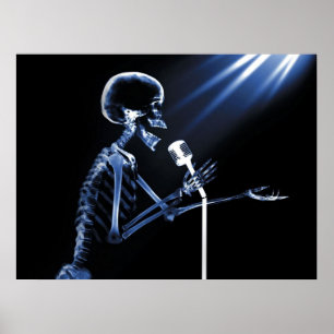 POSTER SQUELETTE DE RAYON X CHANTANT SUR RÉTRO MIC - BLEU