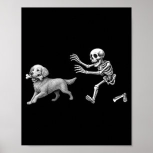 Poster Squelette drôle poursuivant Retriever doré Hallowe