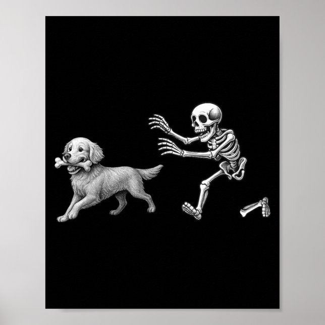 Poster Squelette drôle poursuivant Retriever doré Hallowe (Devant)