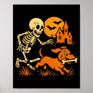 Poster Squelette drôle poursuivant un chien teckel drôle