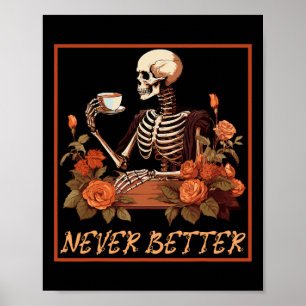 Poster Squelette éffrayant Avec Café Et Fleurs Halloween