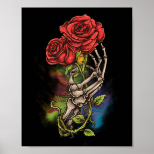 Poster Squelette Main avec tatouage Rose Fleur