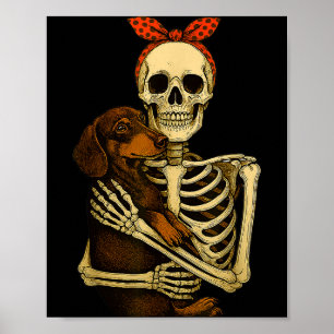Poster Squelette tenant un chien teckel drôle Halloween p