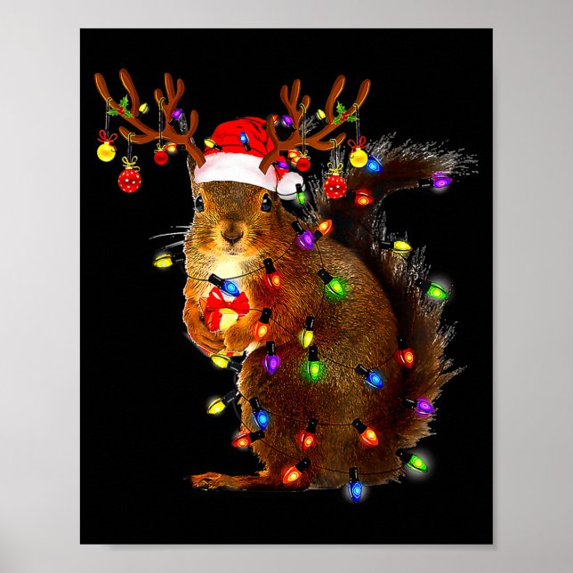 Poster Squirrel Christmas Tree Lights Reindeer Santa Hat  (Devant)