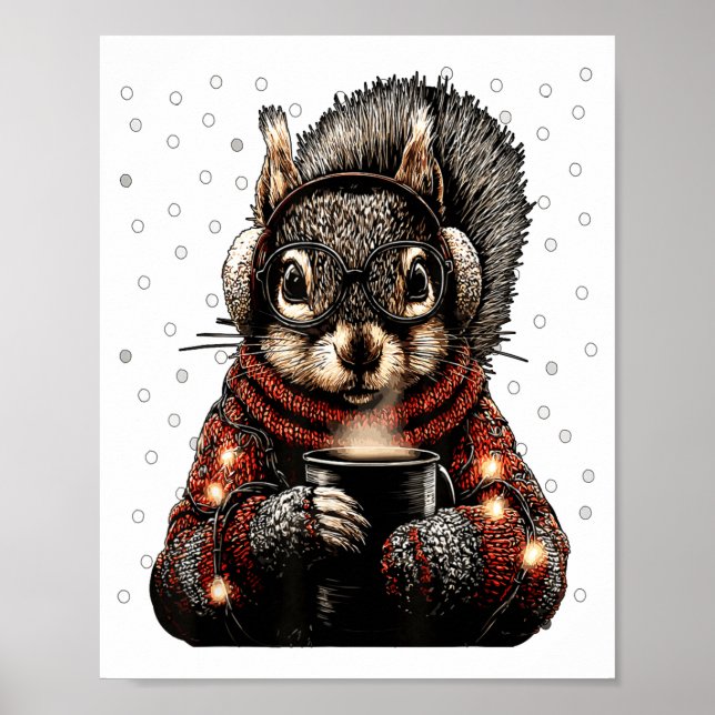Poster Squirrel With Gles Christmas Lights Funny Coffee W (Devant)
