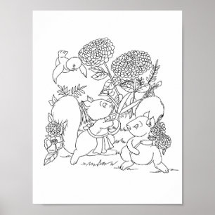 Poster Squirrels Flowers Forest Animals Coloring page