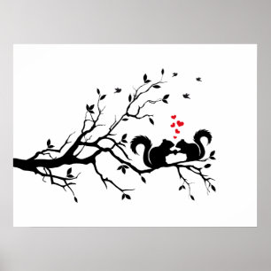 Poster Squrrels aux coeurs rouges sur branche d'arbre
