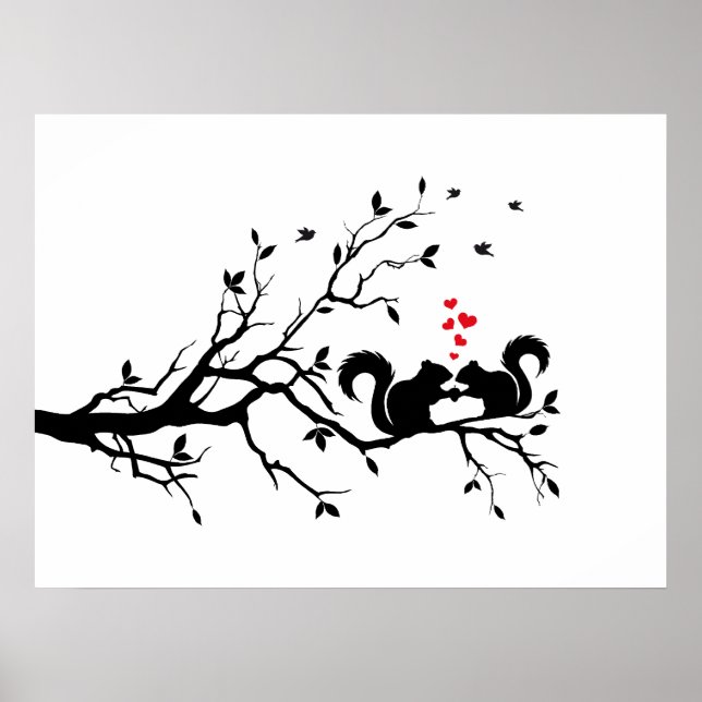 Poster Squrrels aux coeurs rouges sur branche d'arbre (Devant)