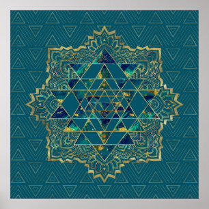 Poster Sri Yantra / Sri Chakra Or, marbre et Turquoise