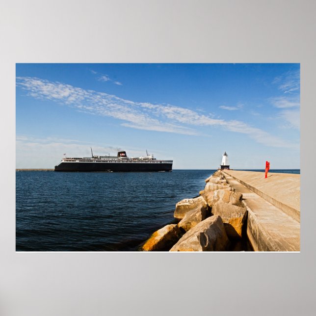 Poster SS Badger Car Ferry & Ludington, MI Lighthouse (Devant)