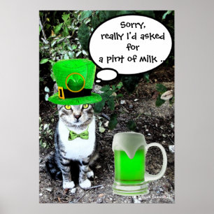 POSTER ST PATRICK'S DAY CAT WITH GREEN IRISH BEER