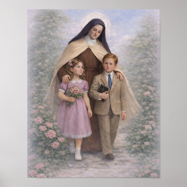 Poster St. Therese Guiding Children Roses Catholic (Devant)