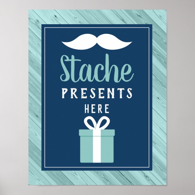 Poster Stache présente ici Signe, Bleu et Aqua (Devant)