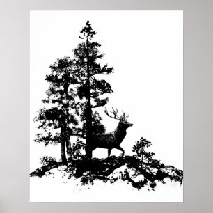 Poster Stade Deer Tree Forêt Animal Silhouette Nature Art