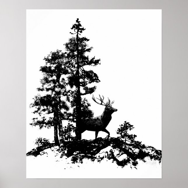 Poster Stade Deer Tree Forêt Animal Silhouette Nature Art (Devant)