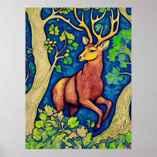 Poster Stag Art Nouveau dans une forêt d'Imaginaires