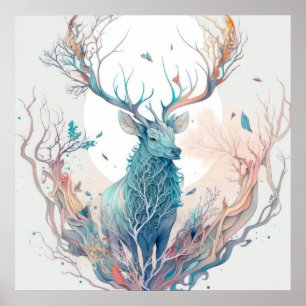 Poster Stag Deer Portrait Animal Peinture Forêt faunique